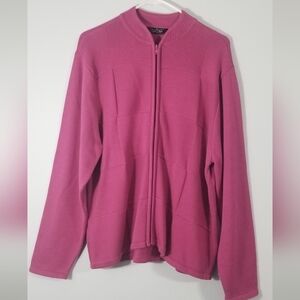 Crystal Kobe Full Zip Cardigan Sweater. Pink Color Block. Ribbed Collar. Size L.